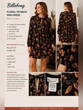 Billabong Floral Boho Mini Dress L Long Sleeve Tie Neck w/ keyhole Empire Waist